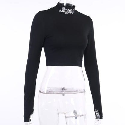 Black Rebel Letter Embroidery Turtleneck Crop Top Long Sleeve Shirt T-shirt Top Goth Punk Casual E-Girl Kawaii Korean Japanese Harajuku Streetwear