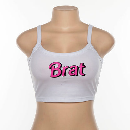 White Brat Letter Print Graphic Casual Summer Crop Top Tank Camisole T-shirt Tee E-Girl Kawaii Korean Japanese Harajuku Retro Streetwear Fashion