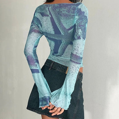 Starfish Mesh Graphic Print Flare Long Sleeve Shirt