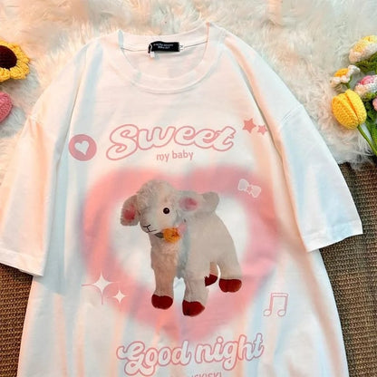Sweet Lamb Print Short Sleeve T-shirt