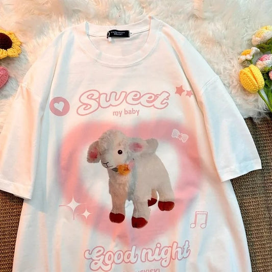 Sweet Lamb Print Short Sleeve T-shirt