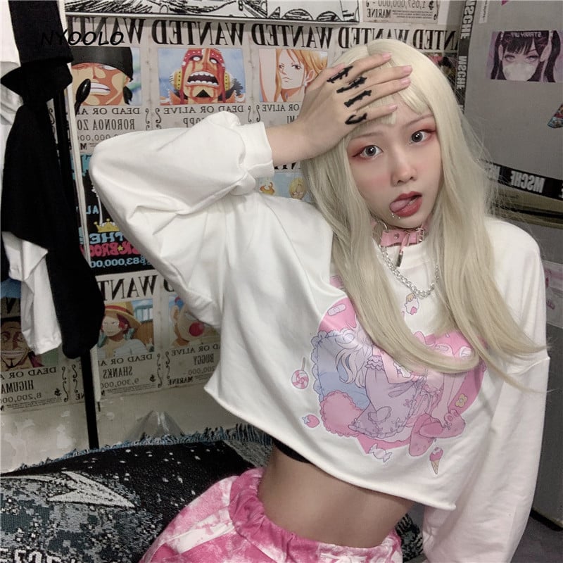 Sweet Anime Girl Cartoon Print Loose Long Sleeve Sweatshirt Sweater Pullover Jumper Autumn Causal E-Girl Kawaii Korean Japanese Harajuku Streetwear
