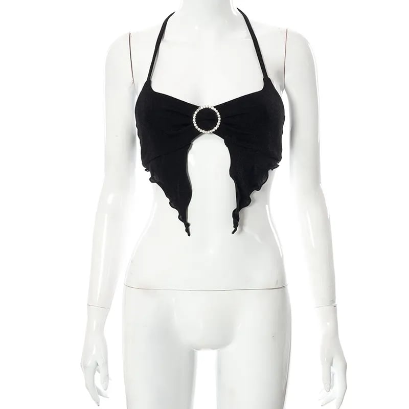 Black Lace Up Circle Rhinestone Halter Top