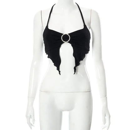 Black Lace Up Circle Rhinestone Halter Top
