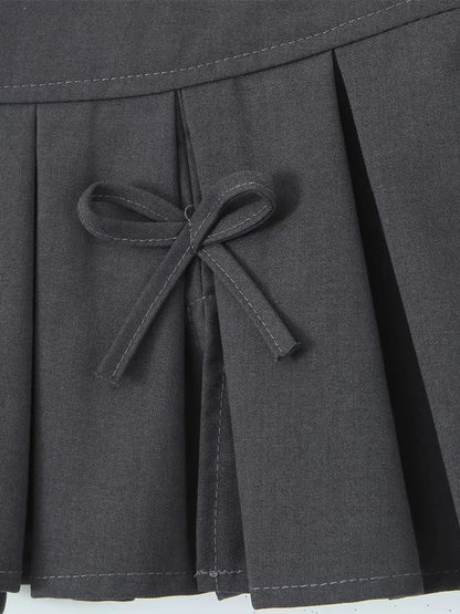 Grey Bow Low Waist Tiered Pleated Skirt