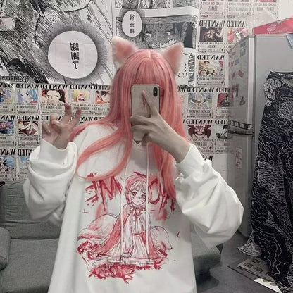 Pastel Pink Anime Girl Cartoon Loose Casual Hoodie Sweatshirt Sweater Long Sleeve Pullover Jumper E-Girl Kawaii Korean Japanese Harajuku Streetwear