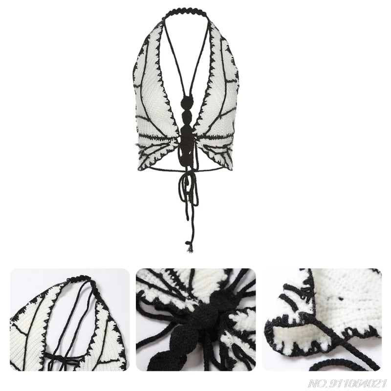 Cute Sexy Butterfly Crochet Halter Sleeveless Shirt Crop Top Camisole Beach Tunic Party Summer Aesthetic Casual E-Girl Kawaii Korean Japanese Harajuku