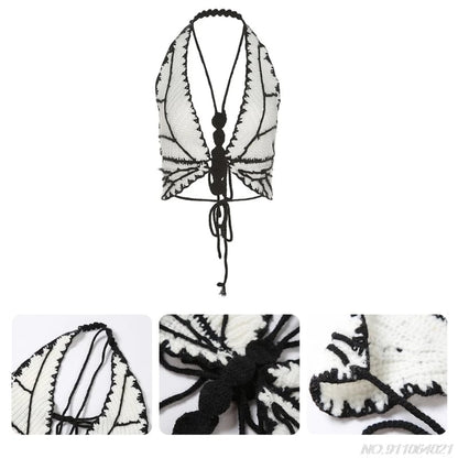 Cute Sexy Butterfly Crochet Halter Sleeveless Shirt Crop Top Camisole Beach Tunic Party Summer Aesthetic Casual E-Girl Kawaii Korean Japanese Harajuku