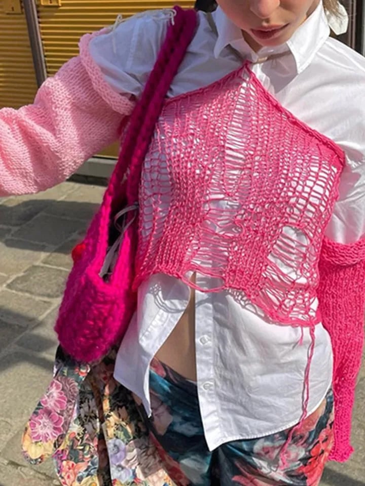 Pink Color Contrast Knit Long Sleeve Halter Top