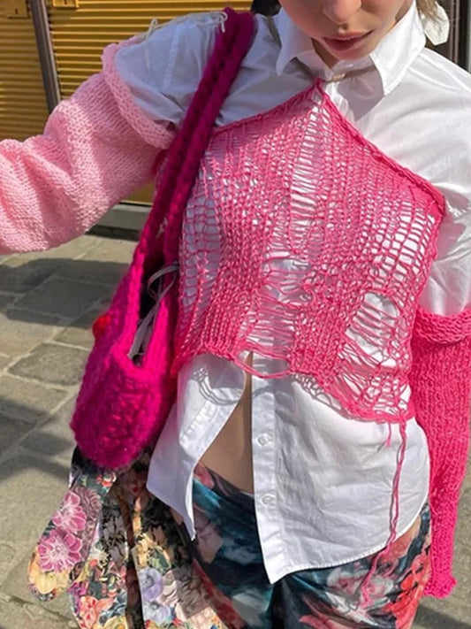 Pink Color Contrast Knit Long Sleeve Halter Top
