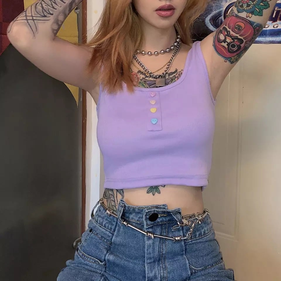 Cute Pastel Purple Heart Button Ribbed Knit Crop Top Causal Tank Top Casual Camisole T-shirt Tee E-Girl Kawaii Korean Japanese Harajuku Streetwear