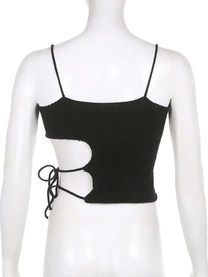 Black Knit Tie Up Backless Crop Top