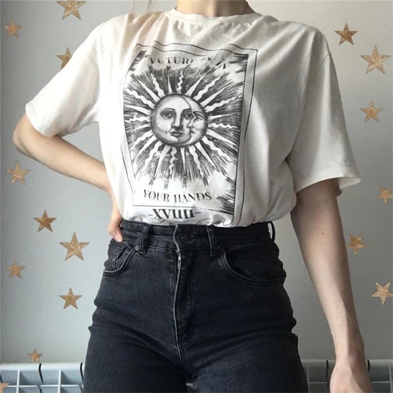Cute Tarot Card Sun Moon Print Short Sleeve Shirt T-shirt Tee Top Kawaii Korean Japanese Harajuku Chinese Retro Streetwear Aesthetic Fashion