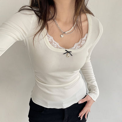 White Lace Bow Long Sleeve Crop Top