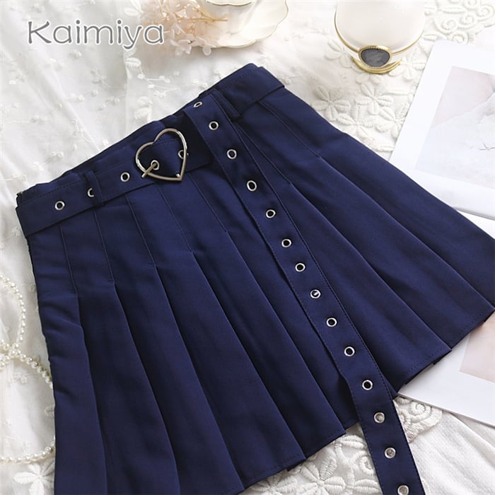 Cute Preppy Summer Pleated Heart Shape Belt High Waist Mini Skirt Bottom E-Girl Kawaii Korean Japanese Harajuku Chinese Retro Streetwear Aesthetic