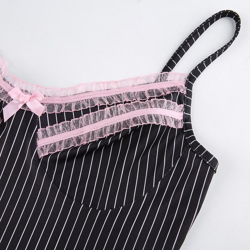 Cute Sexy 90s Black Pink Lace Trim Striped V Neck Mini Dress Dark Academia Aesthetic Goth E-Girl Kawaii Korean Japanese Harajuku Streetwear