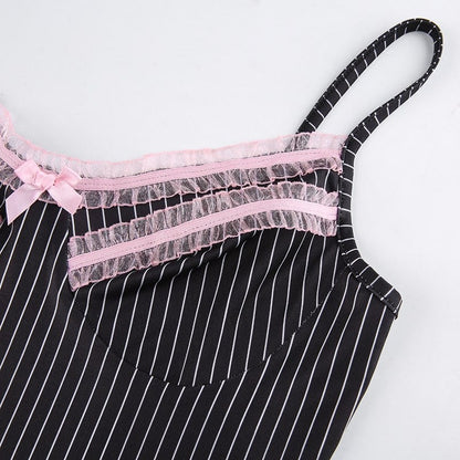 Cute Sexy 90s Black Pink Lace Trim Striped V Neck Mini Dress Dark Academia Aesthetic Goth E-Girl Kawaii Korean Japanese Harajuku Streetwear