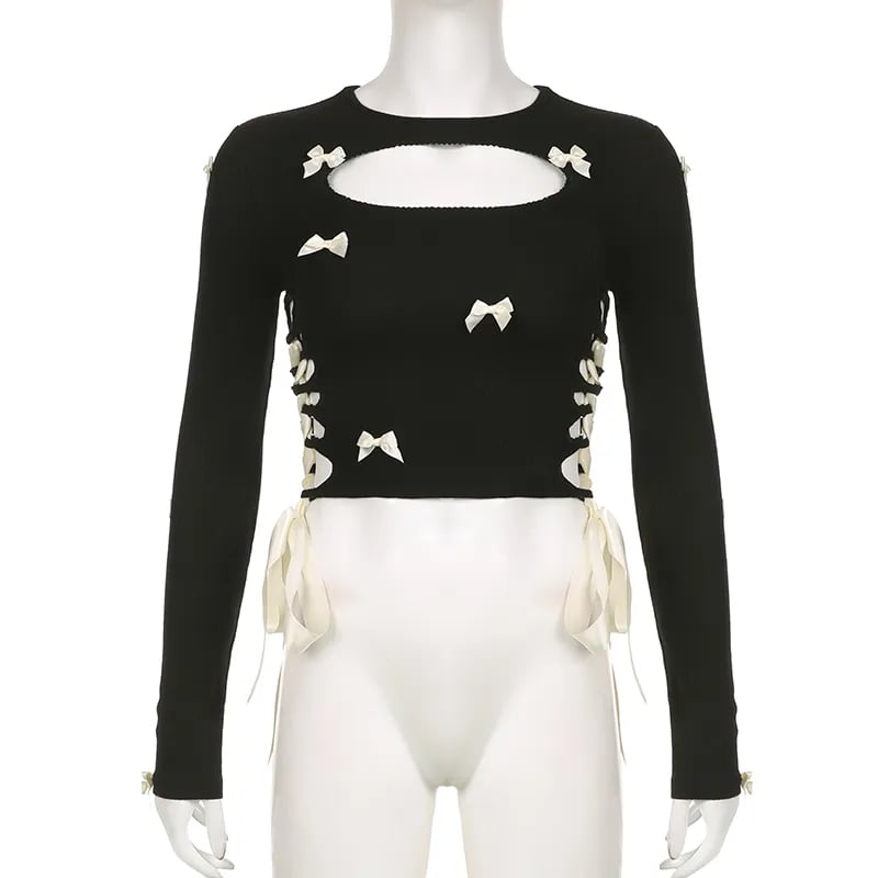 Black Bow Ribbon Hollow Out Knit Long Sleeve Shirt