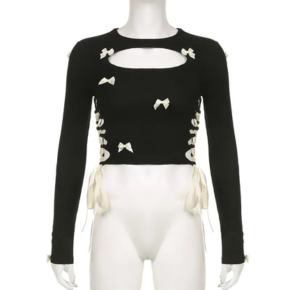 Black Bow Ribbon Hollow Out Knit Long Sleeve Shirt