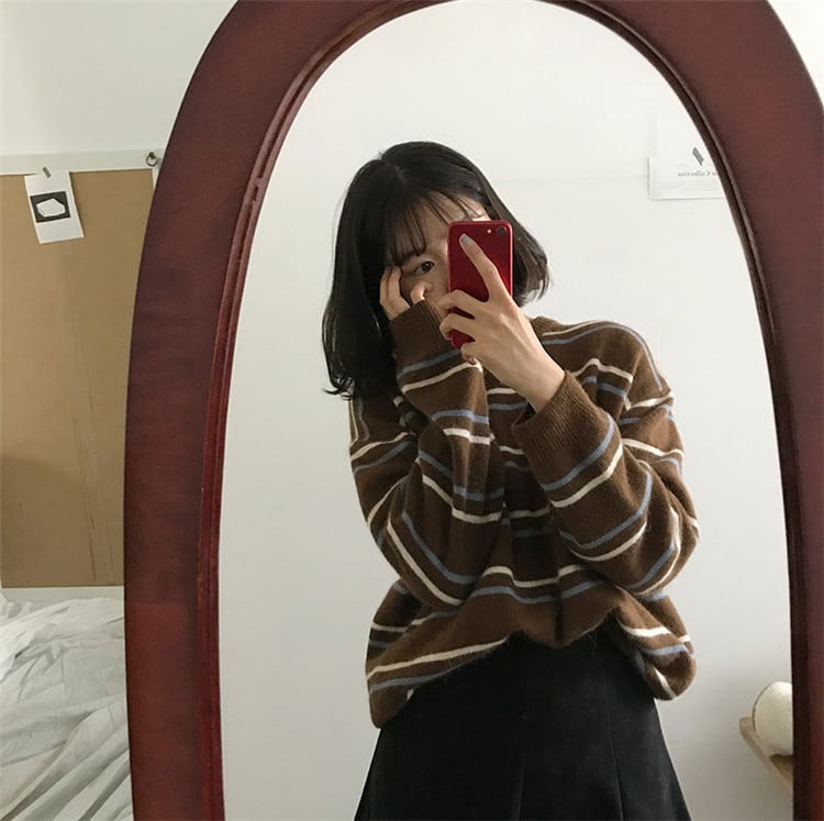 Soft Stripe Autumn O Neck Chic Loose Oversized Casual Knit Sweater Sweatshirt Pullover Jumper Shirt E-Girl Kawaii Korean Japanese Harajuku Streetwear