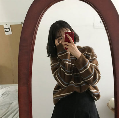 Soft Stripe Autumn O Neck Chic Loose Oversized Casual Knit Sweater Sweatshirt Pullover Jumper Shirt E-Girl Kawaii Korean Japanese Harajuku Streetwear