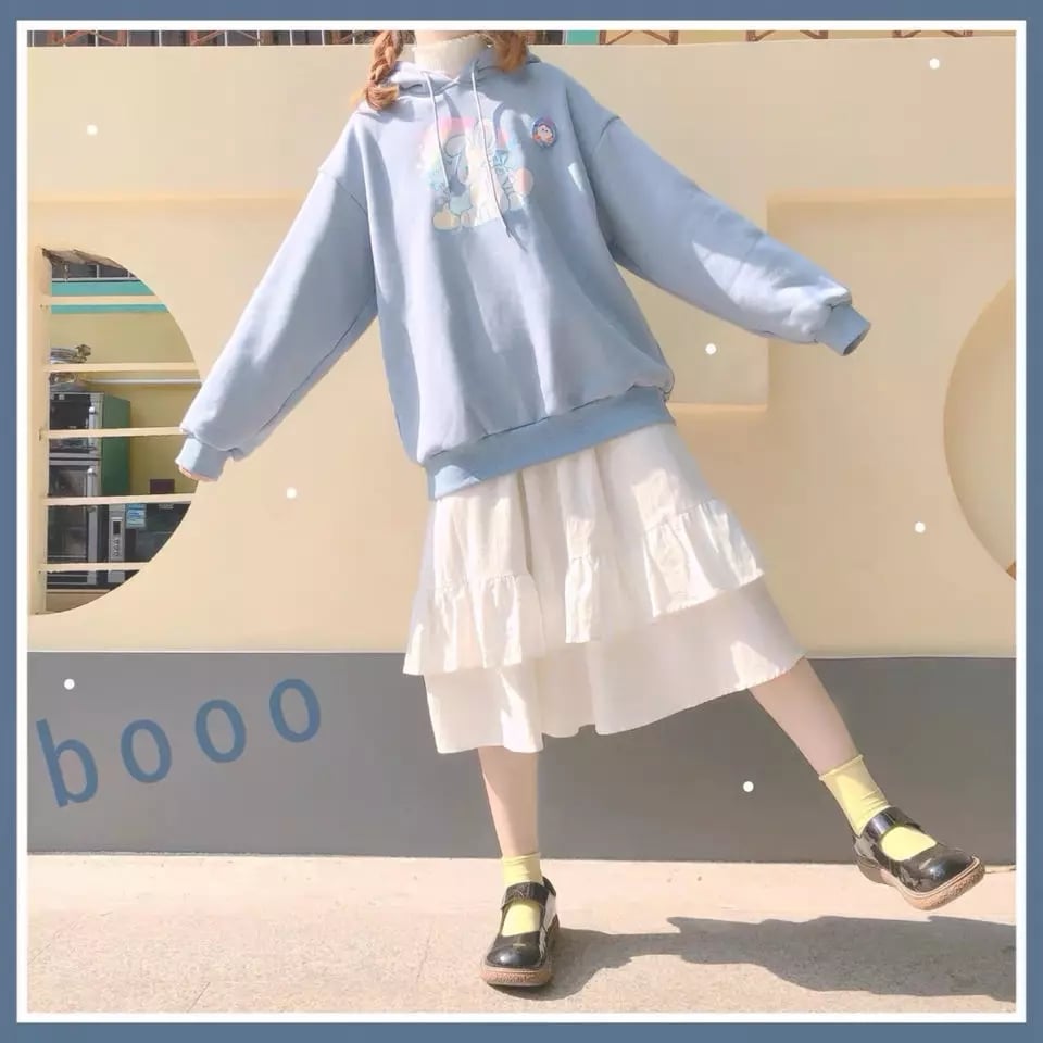 Cute Cream Bunny Rabbit Print Long Sleeve Hoodie Oversized Pullover Sweater Aesthetic Casual E-Girl Kawaii Korean Japanese Harajuku