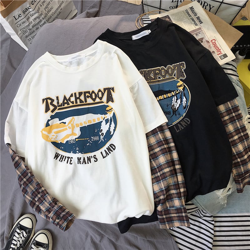 Black White Plaid Patchwork Print Loose Casual Sweatshirt Sweater Long Sleeve Shirt Pullover Jumper E-Girl Kawaii Korean Japanese Harajuku Streetwear