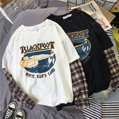 Black White Plaid Patchwork Print Loose Casual Sweatshirt Sweater Long Sleeve Shirt Pullover Jumper E-Girl Kawaii Korean Japanese Harajuku Streetwear