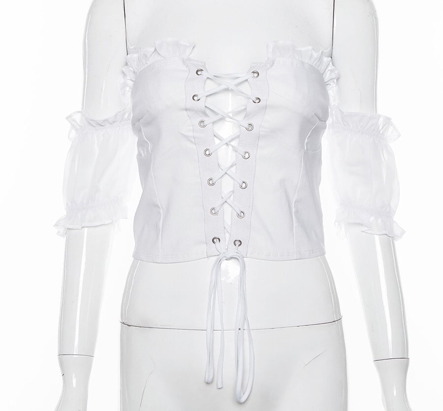 Cute Sexy Lace Up Ruffle Crop Top Short Sleeve Shirt T-shirt Tee Top Kawaii Korean Japanese Harajuku Chinese Retro Streetwear Aesthetic Fashion