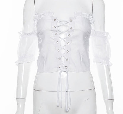 Cute Sexy Lace Up Ruffle Crop Top Short Sleeve Shirt T-shirt Tee Top Kawaii Korean Japanese Harajuku Chinese Retro Streetwear Aesthetic Fashion