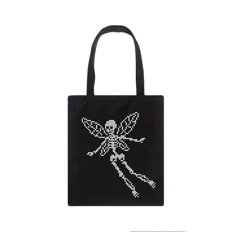 Cute Skeleton Skull Butterfly Wing Print Shoulder Bag Canvas Eco Tote Aesthetic Casual Summer E-Girl Kawaii Korean Japanese Harajuku