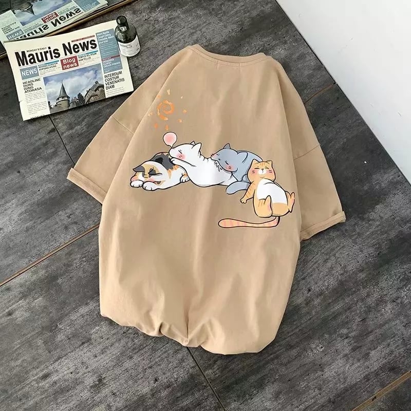 Cute Napping Cat Cartoon Print Short Sleeve Shirt Tees Aesthetic Casual Summer E-Girl Kawaii Korean Japanese Harajuku