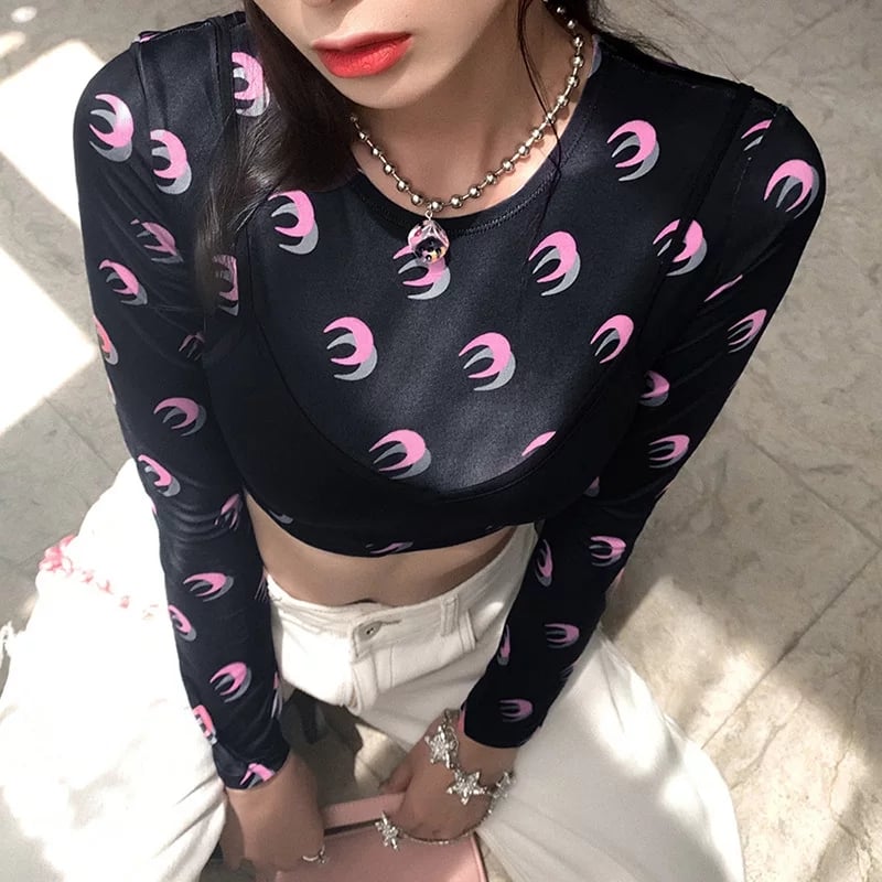 Cute Sexy 2pcs Moon Print Long Sleeve T-shirt Crop Top With Bra Camisole Summer Aesthetic Casual E-Girl Kawaii Korean Japanese Harajuku