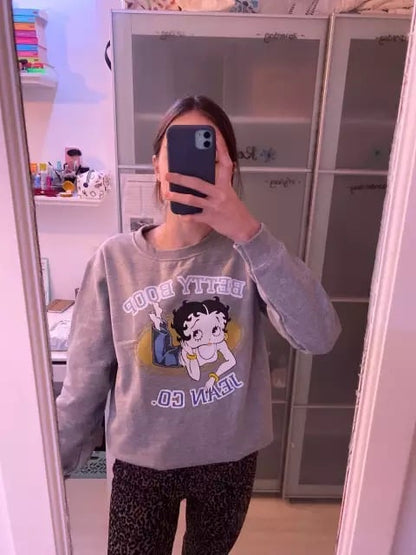 Cute 80s 90s Vintage Cartoon Girl Print Long Sleeve Shirt Hoodie Pullover Sweatshirt Sweater Casual E-Girl Kawaii Korean Japanese Harajuku Streetwear