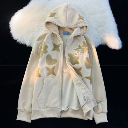 Star Print Zip Up Hoodie
