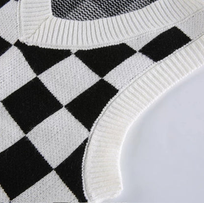 Cute Preppy Argyle Plaid Sweater Vest Sleeveless Knit Crop Top V Neck Shirt Aesthetic Casual Summer E-Girl Kawaii Korean Japanese Harajuku