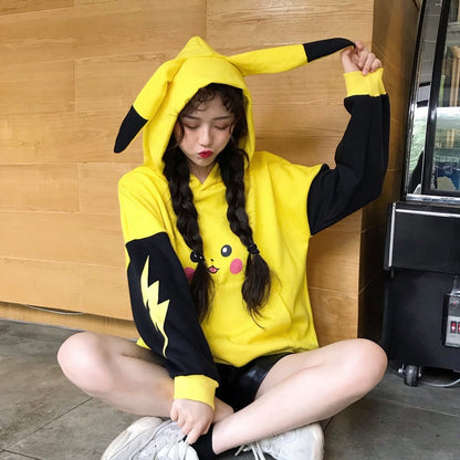 Cute Yellow Pikachu Anime Cartoon Long Ears Oversized Casual Hoodie Sweater Sweatshirt Pullover E-Girl Kawaii Korean Japanese Harajuku Streetwear