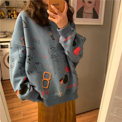 Cute Pastel Print Oversized Sweater Hoodie Pullover Korean Japanese Harajuku Chinese Retro Streetwear Aesthetic Fashion
