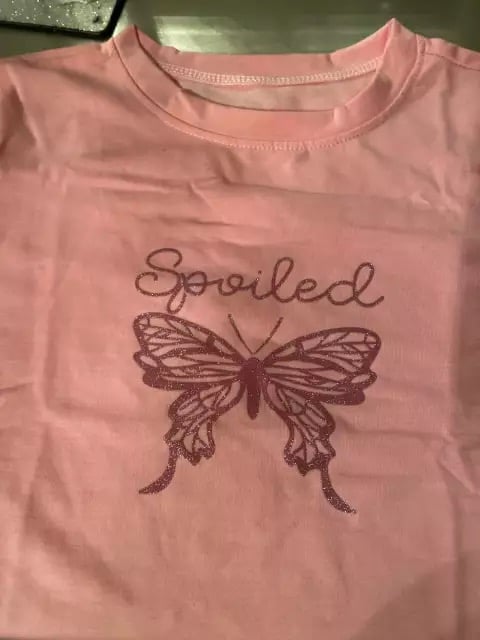 Cute Pink Butterfly Glitter Sparkle Print Crop Top Short Sleeve Shirt Tee T-shirt Summer Casual E-Girl Kawaii Korean Japanese Harajuku Streetwear