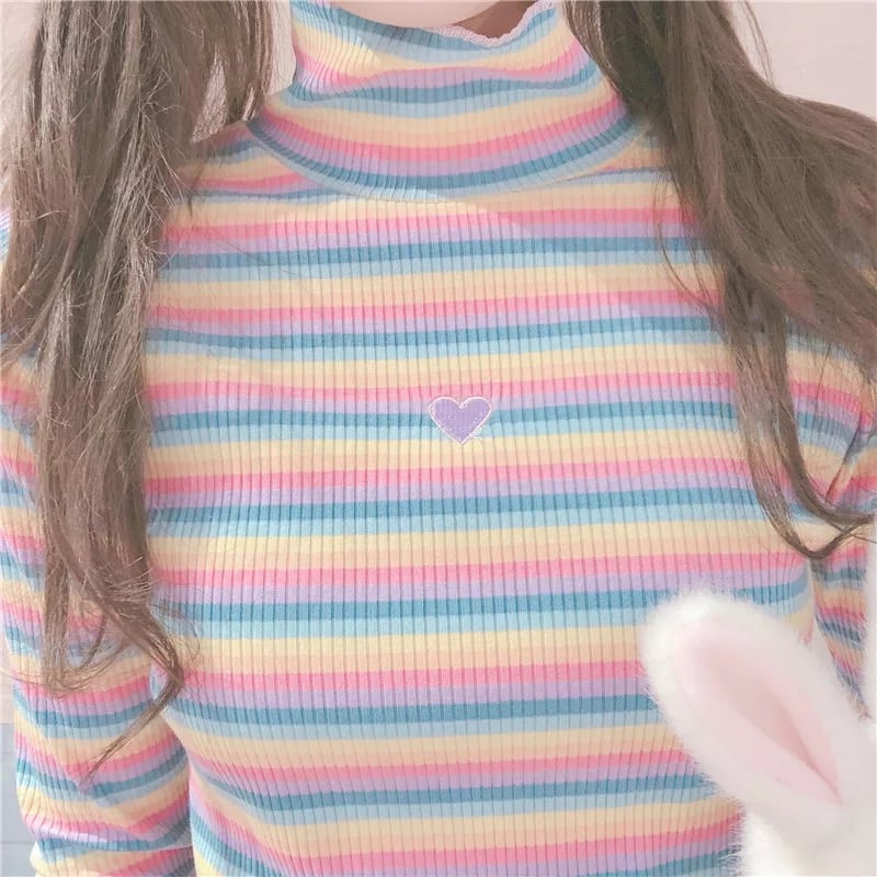 Cute Heart Sweet Rainbow Pastel Turtleneck Stripe Knit Long Sleeve Shirt Top Pullover Sweater E-Girl Kawaii Korean Japanese Harajuku Retro Streetwear
