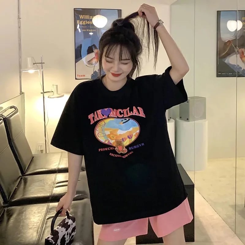 Cute Sweet Graffiti Bear Letter Print Short Sleeve Shirt Top Loose Oversize Aesthetic Casual Summer E-Girl Kawaii Korean Japanese Harajuku