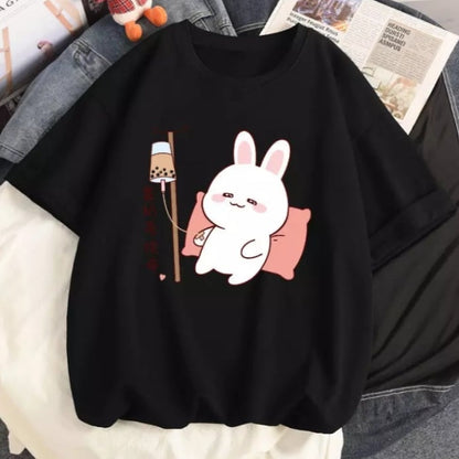 Cute Rabbit Boba Bubble Milk Tea Graphic Cartoon Print Loose Short Sleeve T-shirt Aesthetic Casual Summer E-Girl Kawaii Korean Japanese Harajuku