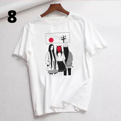 Anime Girl Goth Punk Horror Cartoon Print Loose Short Sleeve Short T-shirt Tee Top Summer Casual E-Girl Kawaii Korean Japanese Harajuku Streetwear