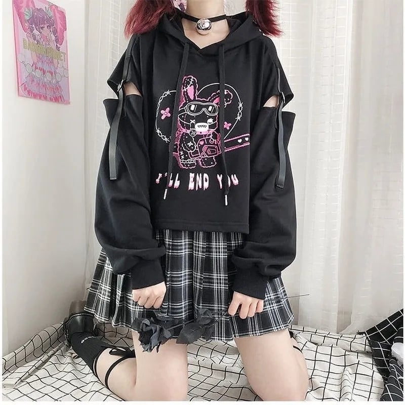 Rabbit Punk Print Hollow Out Hoodie
