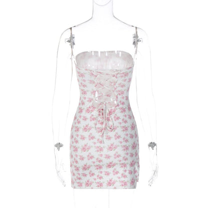 Pink Floral Ribbon Tie Up Off Shoulder Mini Dress