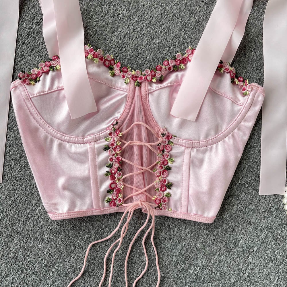 Pink Rose Lace Up Bustier Top