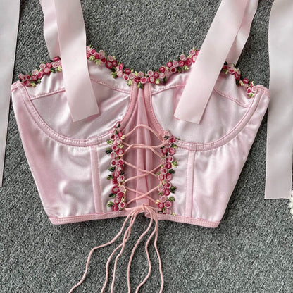 Pink Rose Lace Up Bustier Top