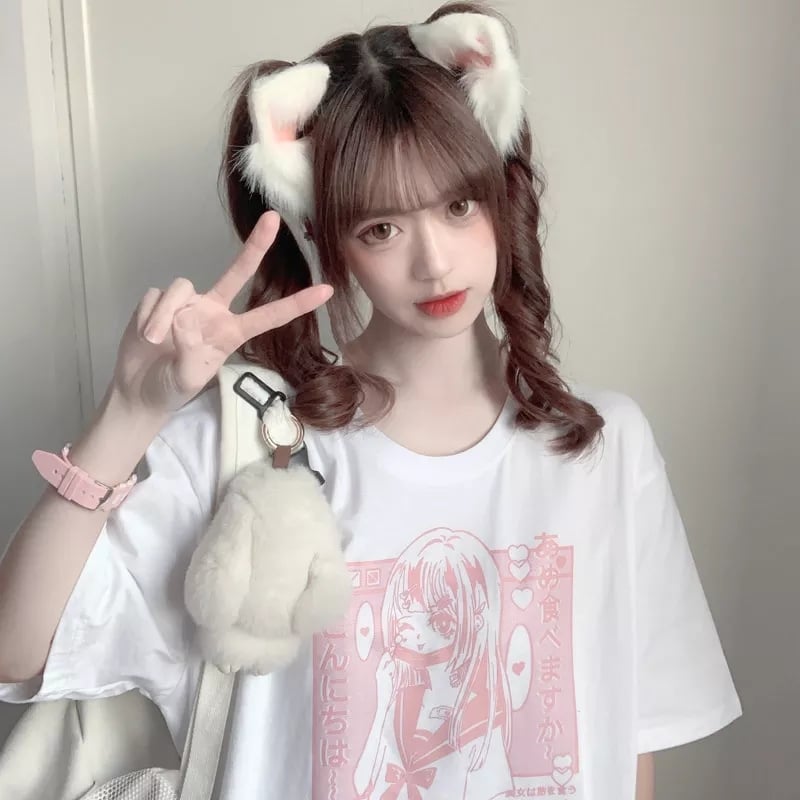 Pastel Pink Anime Girl Print Short Sleeve T-shirt