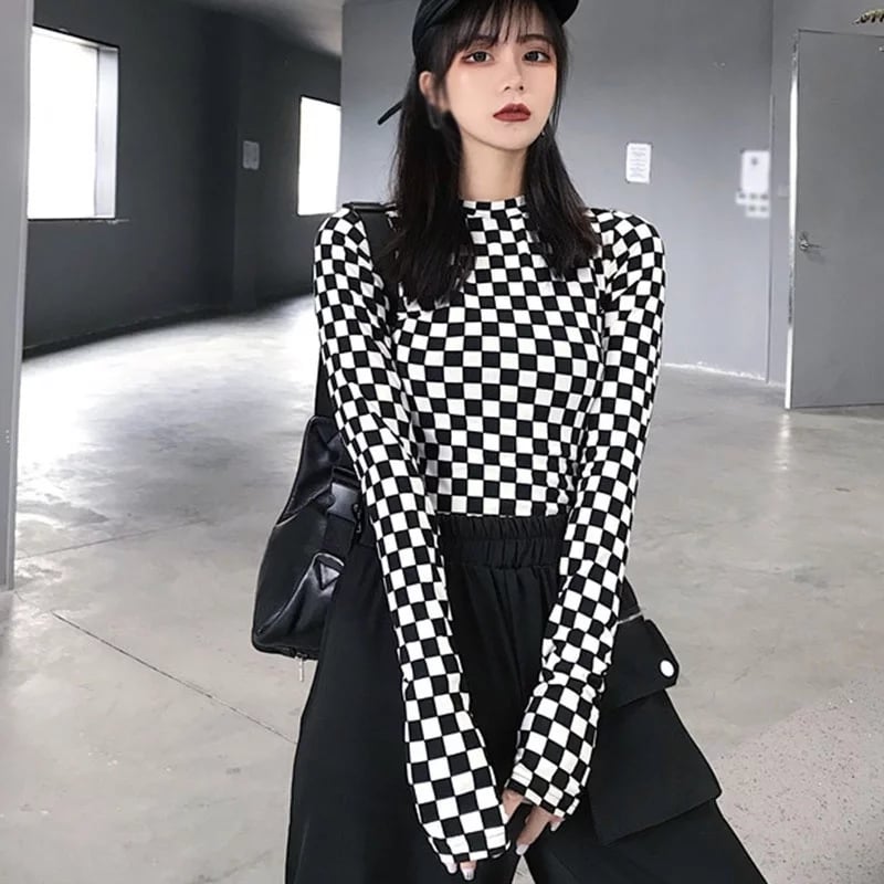 Cute Black White Checkerboard Plaid Long Sleeve Shirt Top Punk Goth Aesthetic Casual E-Girl Kawaii Korean Japanese Harajuku