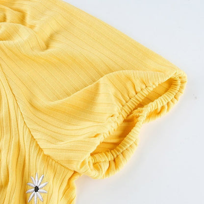 Cute Yellow Flower Embroidery Button V Neck Short Sleeve Shirt Crop Top Cardigan Summer Aesthetic E-Girl Kawaii Korean Japanese Harajuku Streetwear